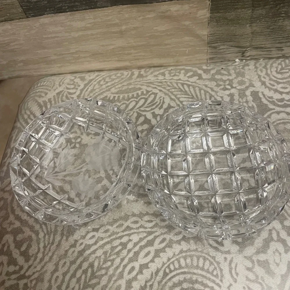 Vintage Frosted Rose Etched Crystal Trinket Box Round Cut Glass Jewelry Dish